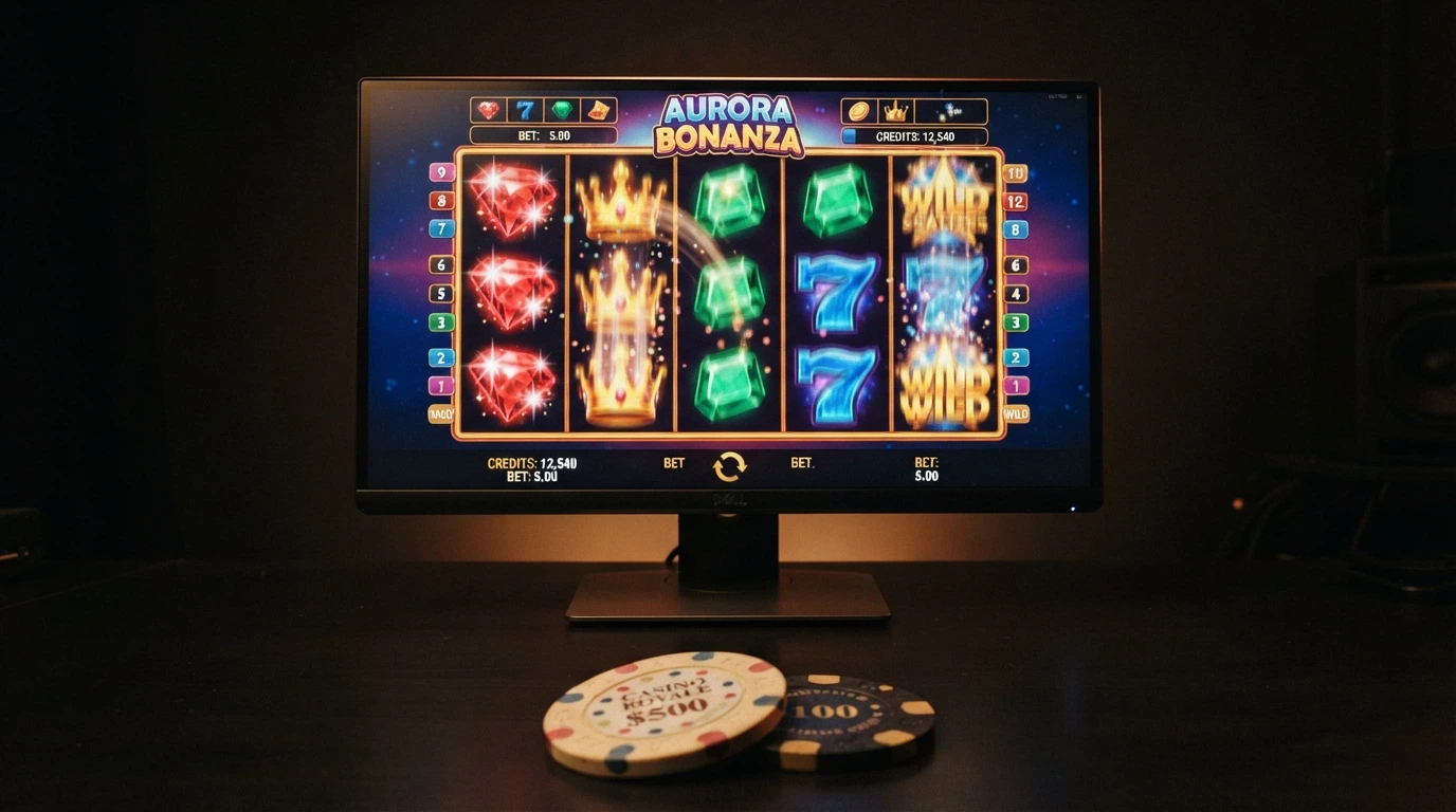 Une grille de machine à sous colorée sur un écran d'ordinateur, des jetons de casino flous en arrière-plan