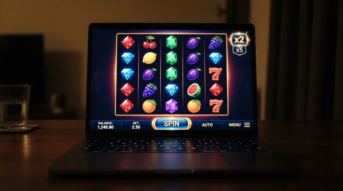 Écran affichant une grille de machine à sous en ligne avec des symboles, des multiplicateurs et une interface de mise