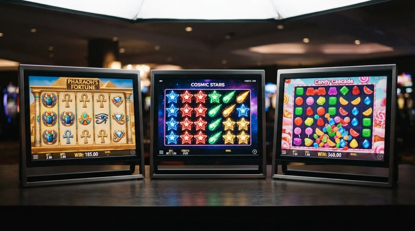 Capture d'écran de trois machines à sous en ligne populaires (Book of Dead, Starburst, Sweet Bonanza) avec leur interface de jeu