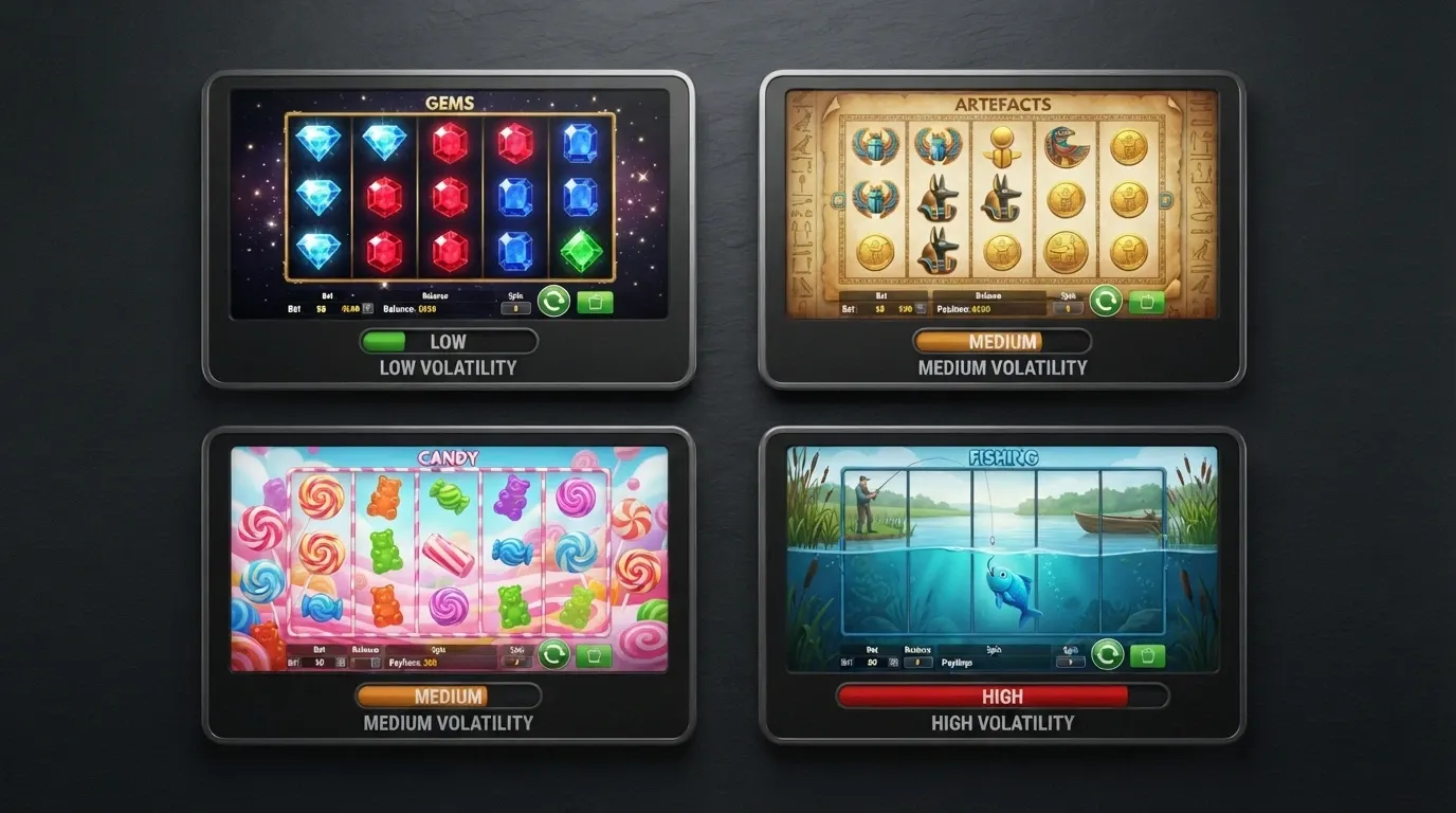 Une grille de machines à sous en ligne avec leurs titres visibles (Starburst, Book of Dead, Sweet Bonanza) et leurs jauges de volatilité, sur fond de casino