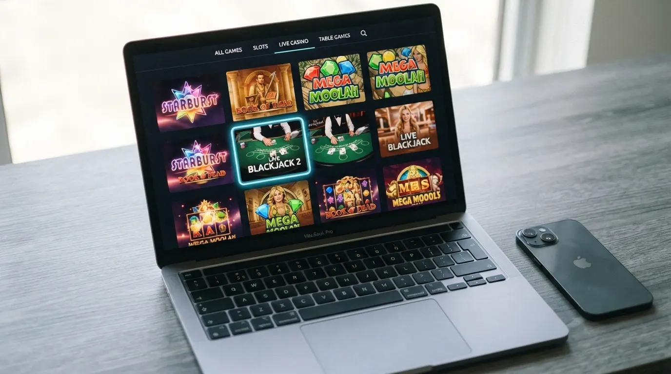 Une interface de casino en ligne montrant une grille de machines à sous en vignettes, avec une table de blackjack live encadrée en surbrillance