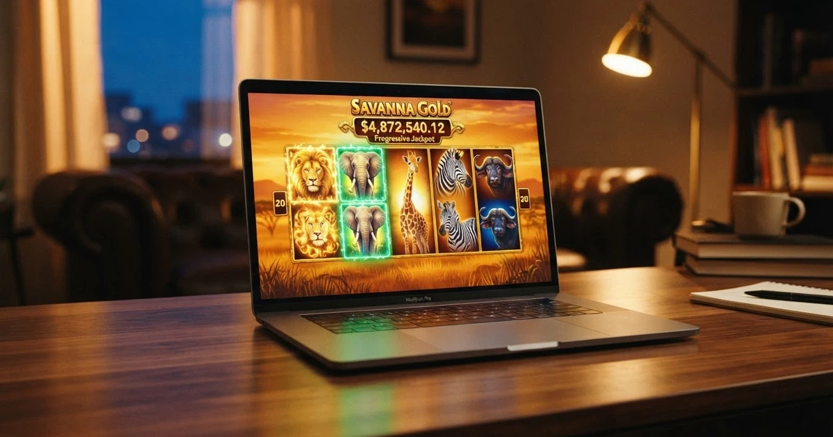 Capture d'écran de la machine à sous Mega Moolah affichant ses cinq rouleaux sur fond de savane africaine avec le lion, symbole Wild, au premier plan