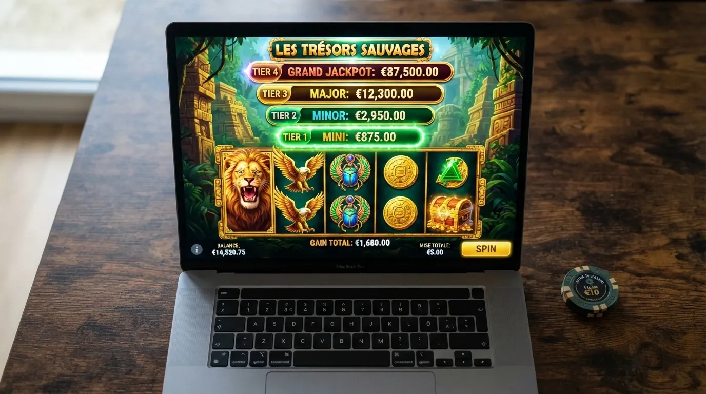 Interface du jeu Mega Moolah avec ses quatre niveaux de jackpot progressif affichés au-dessus des rouleaux