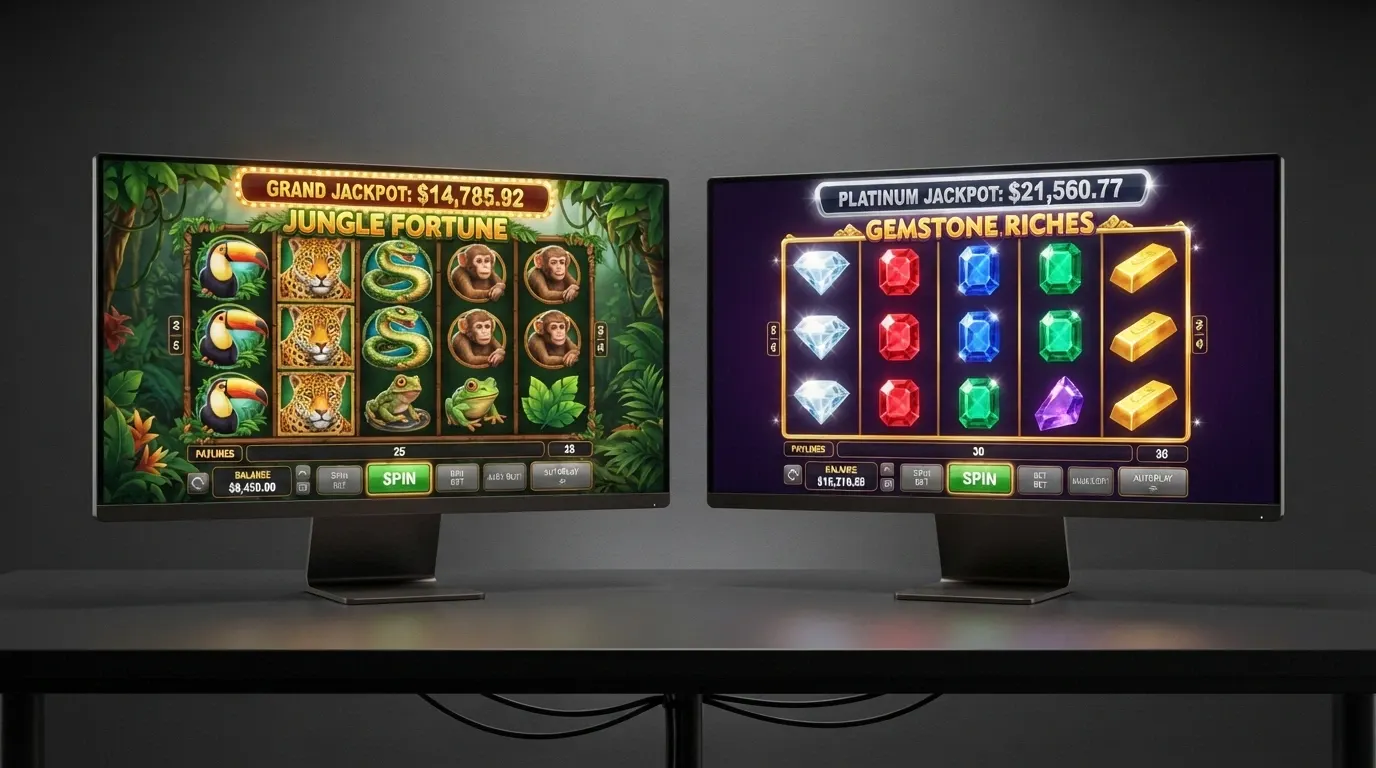 Capture d'écran comparant les interfaces de deux slots jackpot progressif célèbres, rouleaux visibles, jackpot affiché en haut