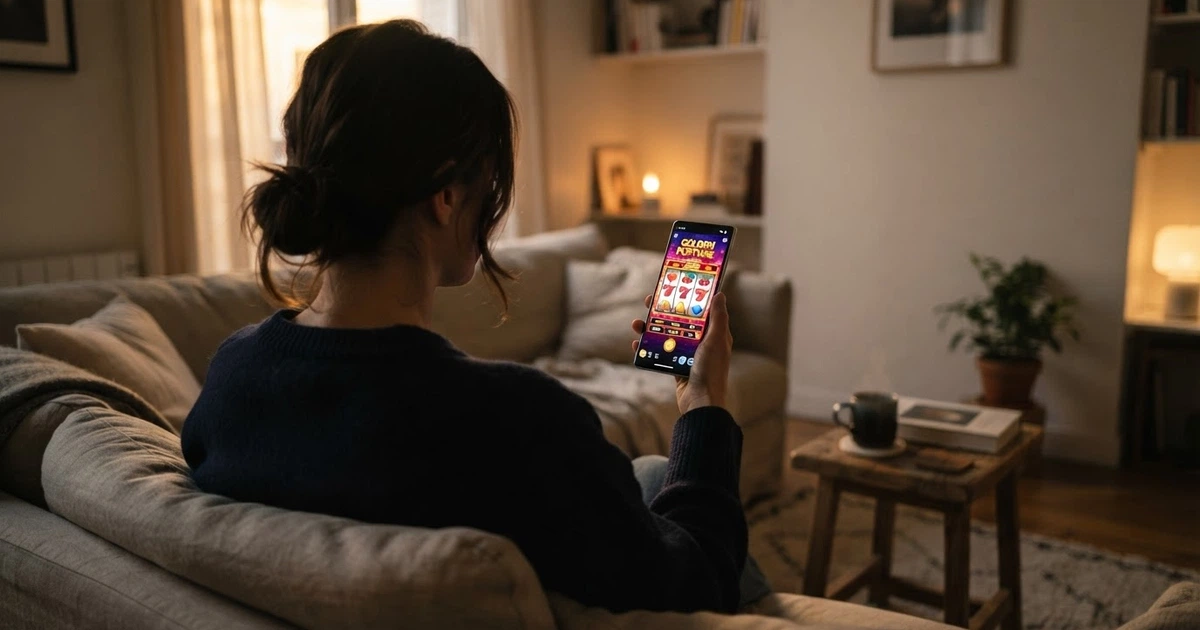 Joueur découvrant une appli de casino sur smartphone dans un salon français