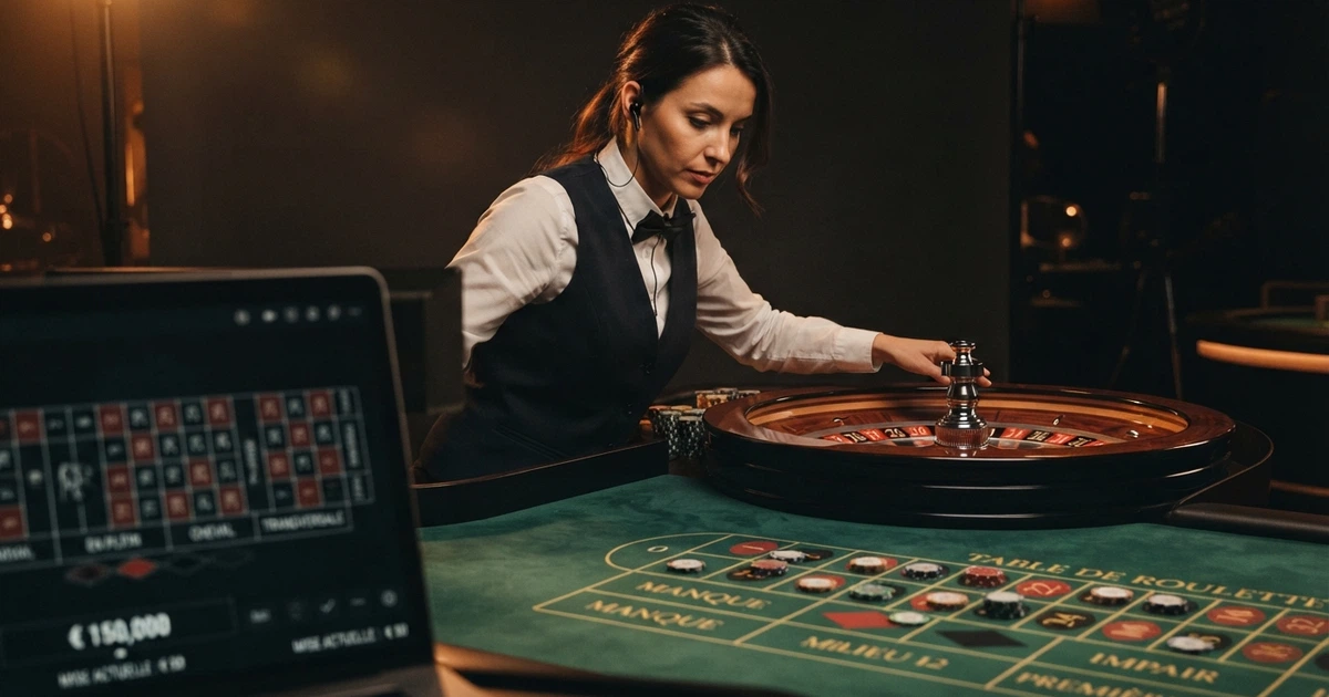 Un croupier réel filmé en studio derrière une table de roulette, le visage partiellement dans l'ombre, avec l'écran d'un joueur en amorce
