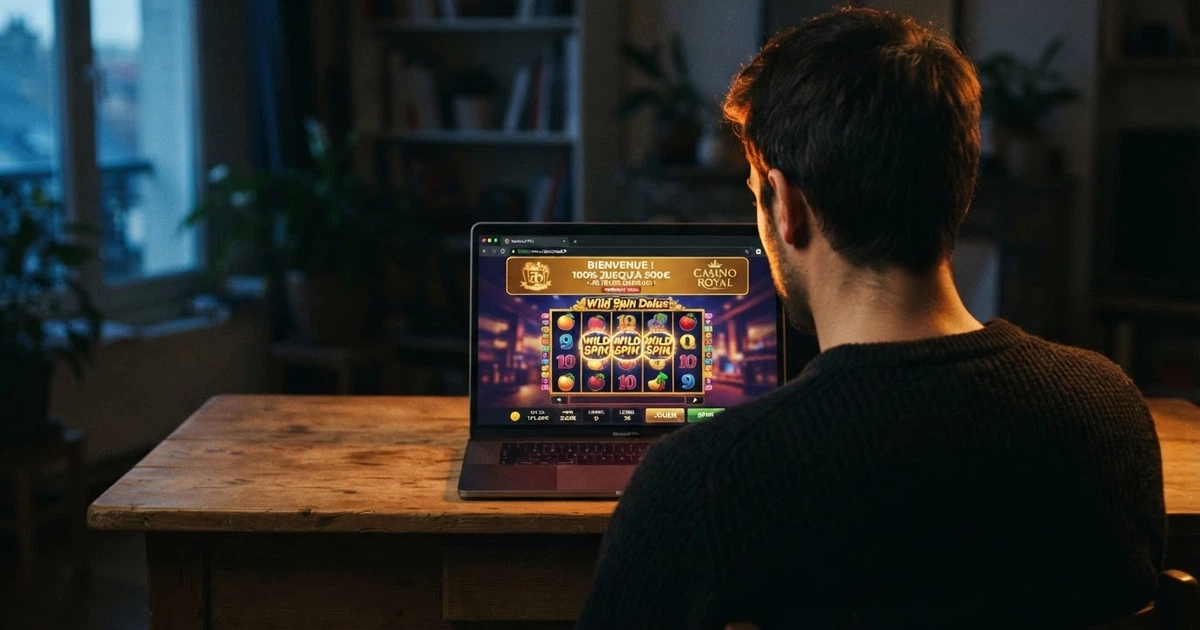 Interface d'un casino en ligne affichant une sélection de machines à sous, un bandeau de bonus de bienvenue et un cadenas dans la barre d'adresse