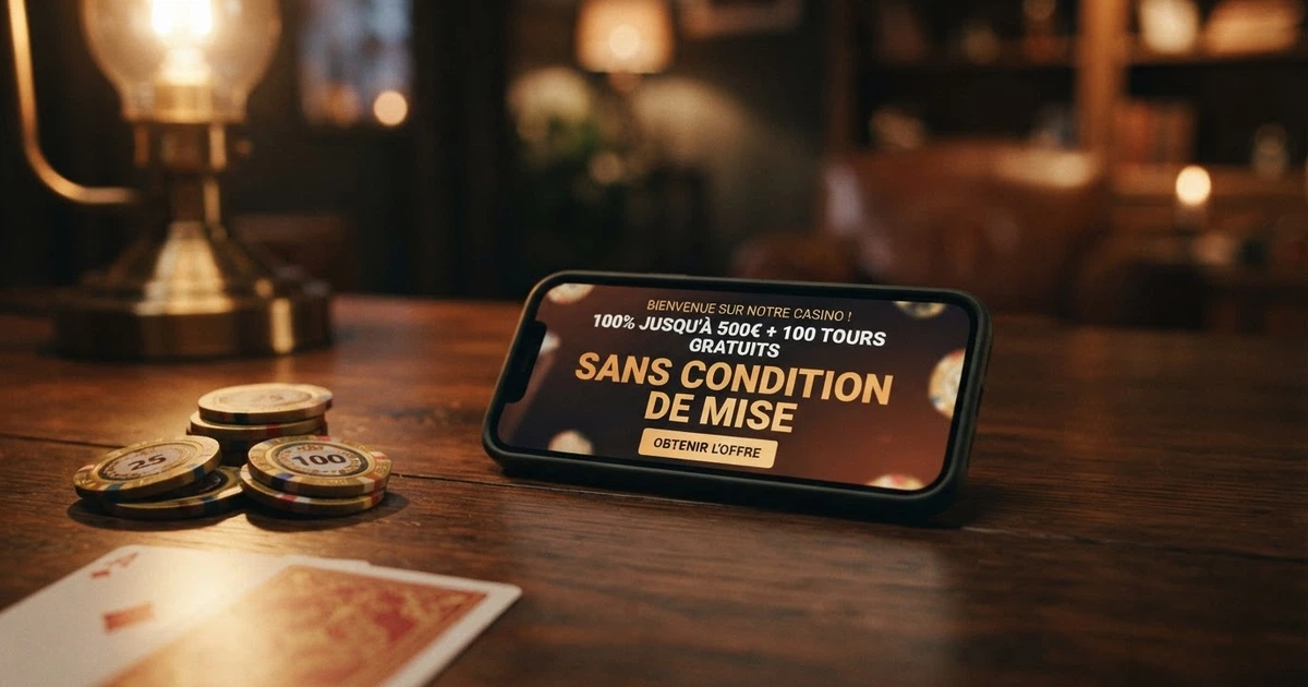 Un écran de casino en ligne affichant une offre de bonus avec la mention « sans condition de mise » en évidence, des jetons et des cartes à jouer en arrière-plan
