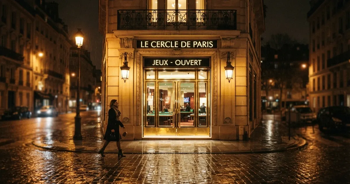 Façade illuminée d'un établissement de jeu parisien, enseignes lumineuses la nuit