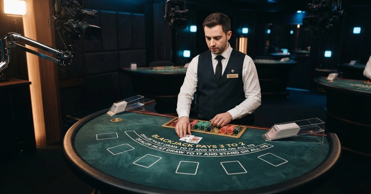 Une table de casino live filmée en plan large : un croupier en tenue professionnelle derrière une table de blackjack, des cartes distribuées, l'interface de mise visible en surimpression sur un écran