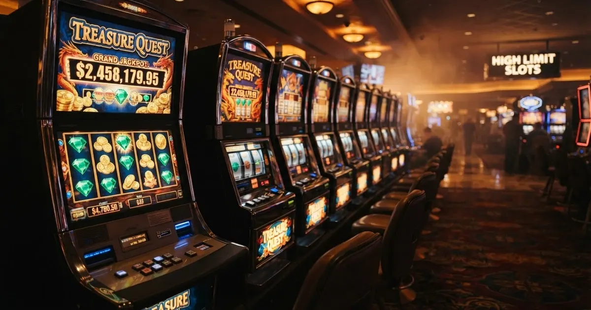 Une rangée de machines à sous colorées dans un casino physique, écrans allumés, lumière tamisée, ambiance feutrée