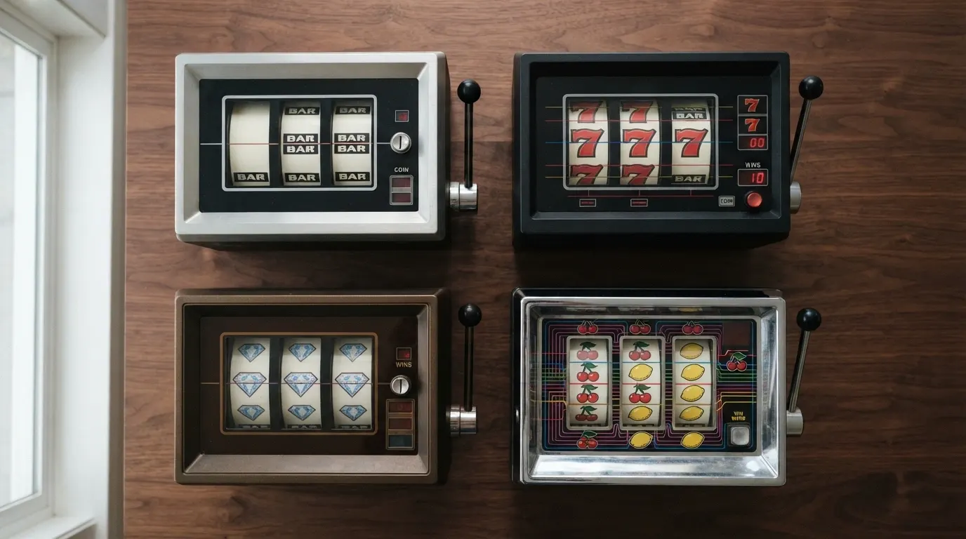 Quatre captures d'écran de machines à sous 3 rouleaux (Mega Joker, Jackpot 6000, Triple Diamond, Break da Bank) disposées en grille comparative avec leur RTP affiché sous chaque titre