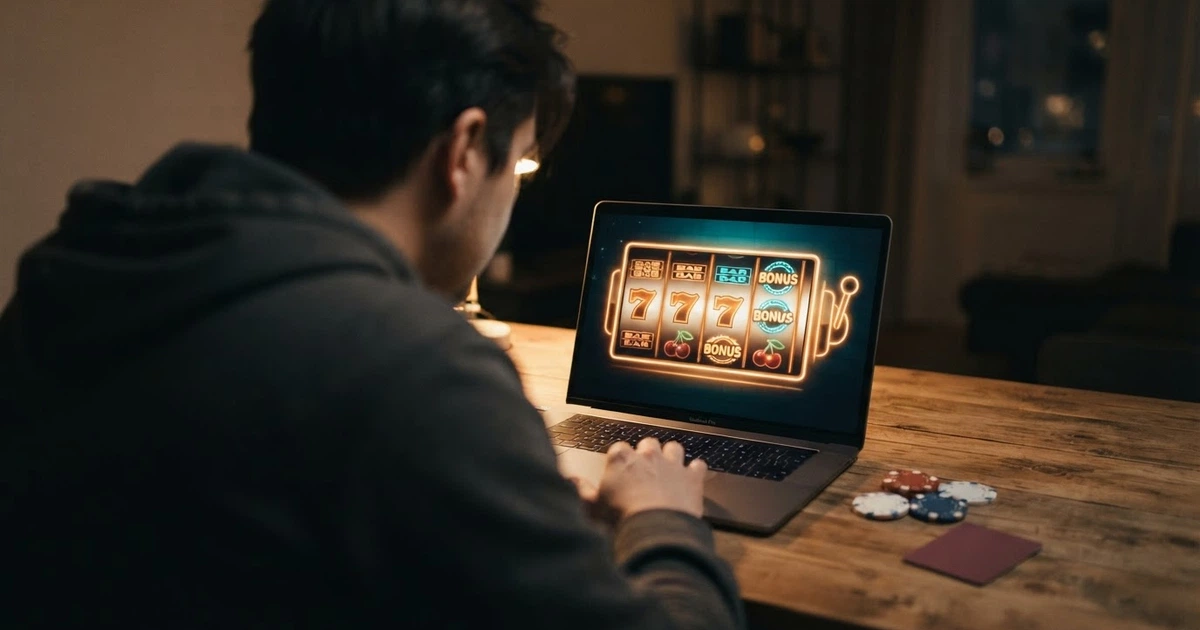 Un joueur consultant un casino en ligne sur son ordinateur portable, des jetons de casino et une carte bancaire posés à côté