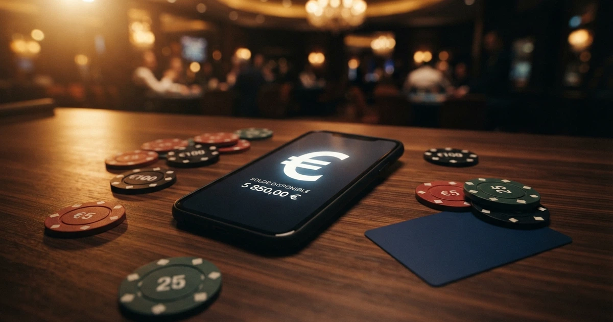 Écran affichant la page d'accueil d'un casino en ligne, jetons de casino et cartes bancaires en arrière-plan sur fond sombre