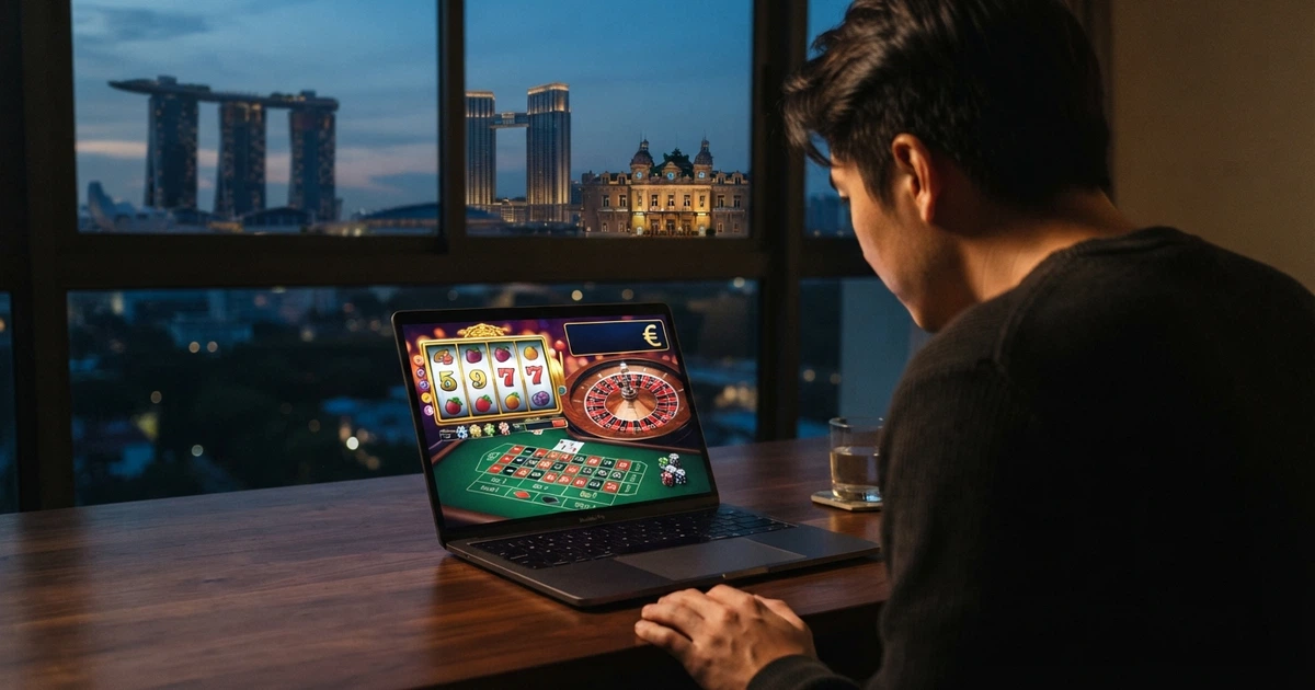 Un joueur français consulte une comparaison de casinos en ligne sur son écran, avec en arrière-plan les silhouettes de casinos emblématiques — le Bellagio, le Venetian Macao et le Casino de Monte-Carlo — représentant les trois continents du jeu