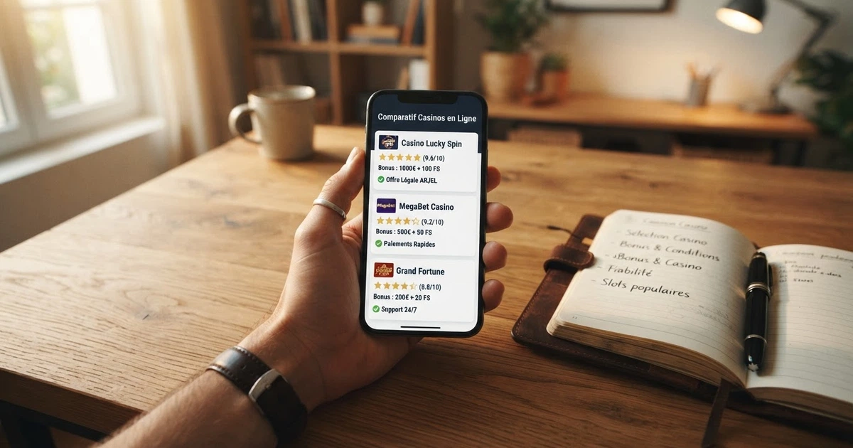 Une main qui tient un smartphone affichant la page d'accueil d'un comparatif de casinos en ligne, posé sur un bureau à côté d'un carnet de notes et d'un stylo