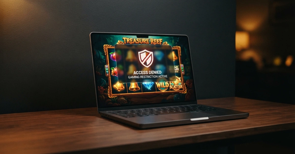 Interface d'un casino en ligne affichée sur un écran d'ordinateur, avec une fenêtre superposée portant le logo de l'ANJ barré en rouge