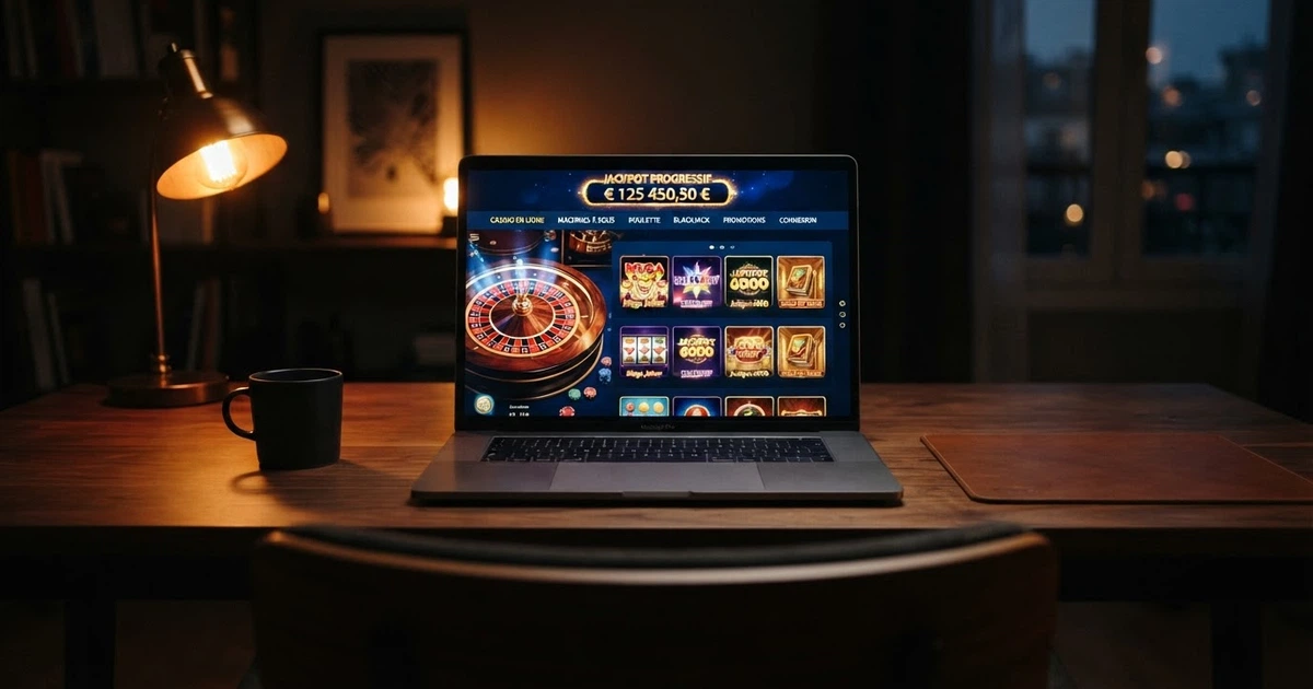 Interface d'un casino en ligne offshore affichant une sélection de machines à sous et de jeux de table sur fond sombre
