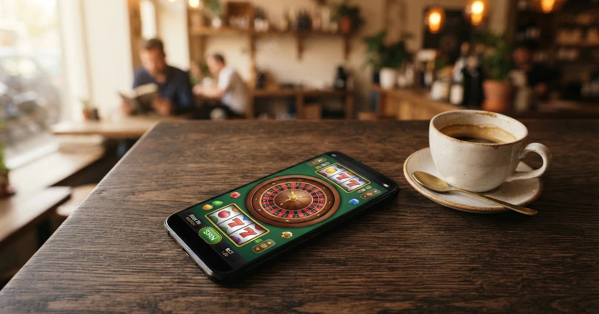 Écran de smartphone affichant la page d'accueil d'un casino en ligne, avec une roulette et des icônes de machines à sous visibles, posé sur une table à côté d'un café.