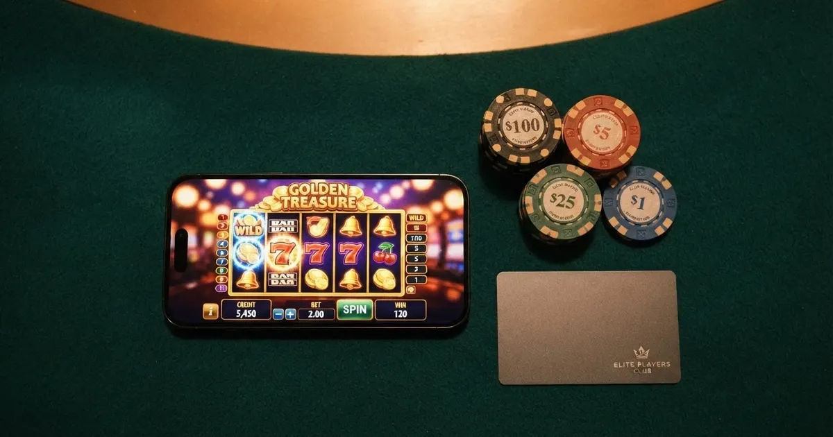Un iPhone posé sur une table de jeu, l'écran affichant l'interface d'un casino en ligne, à côté de jetons et d'une carte bancaire