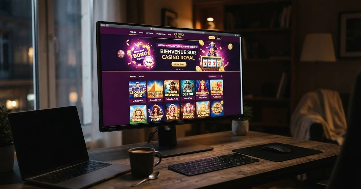 Page d'accueil d'un casino en ligne affichant une bibliothèque de machines à sous sur fond sombre, avec un bandeau « inscription sans justificatif »