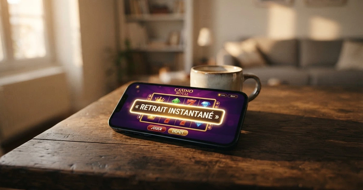 Écran de casino en ligne affichant une bannière « retrait instantané »