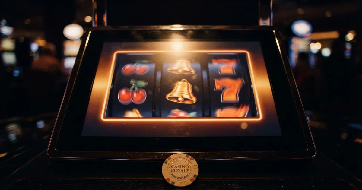 Rouleaux de machines à sous en ligne illuminés sur un écran, symboles colorés de casino (fruits, cloches, 7)