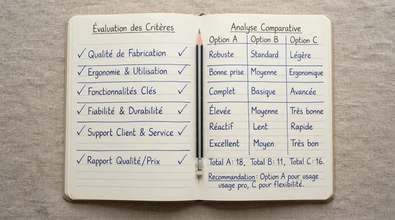 Un carnet de notes manuscrit avec une grille de critères et la mention du registre ANJ des opérateurs agréés