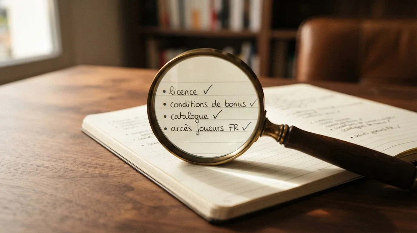 Une loupe posée sur une liste de critères manuscrite comprenant licence, bonus, catalogue de jeux et accessibilité aux joueurs français