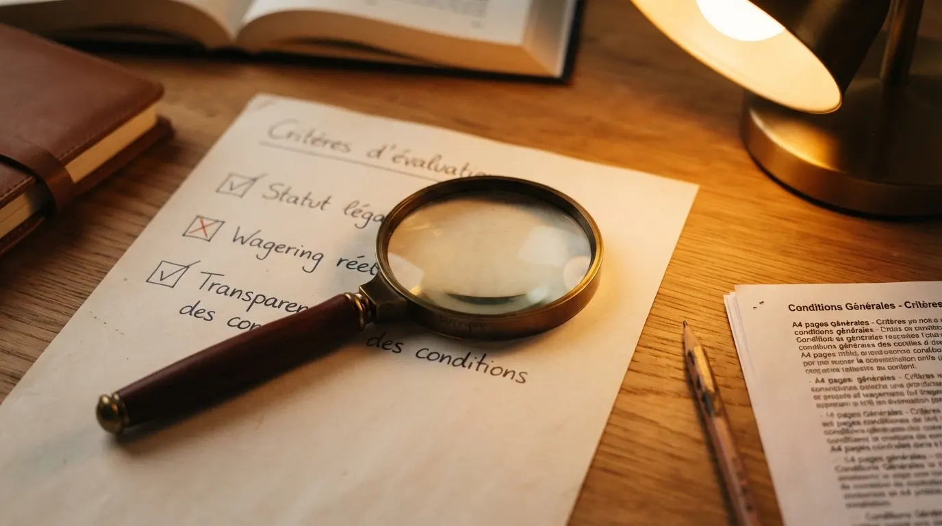 Une loupe posée sur une liste de critères manuscrits : licence, wagering réel, transparence des conditions.