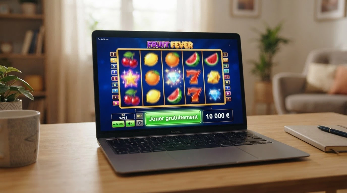 Interface de machine à sous moderne en mode démonstration avec le bouton « Jouer gratuitement » et un compteur de crédits fictifs affichant 10 000 €.