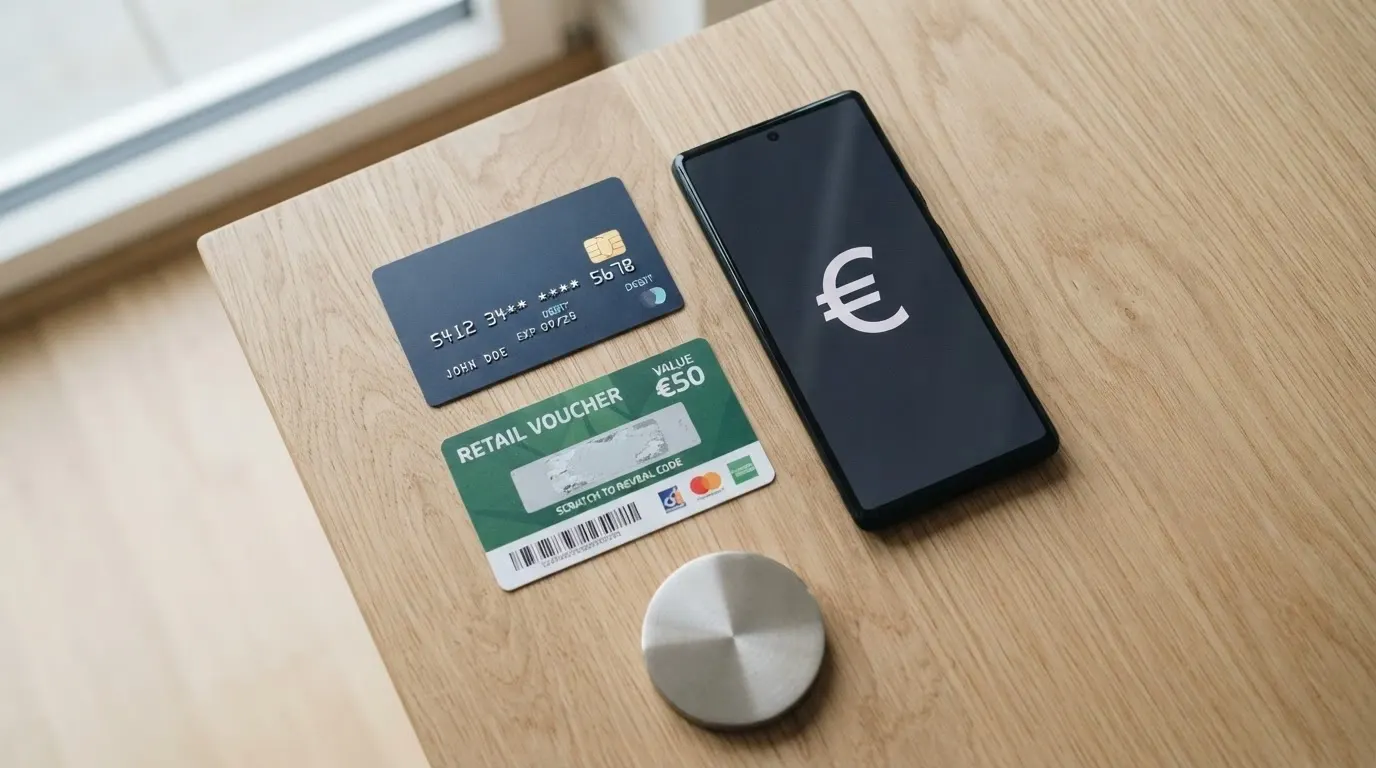 Plusieurs moyens de paiement (carte bancaire, téléphone avec portefeuille électronique, coupon Paysafecard et portefeuille crypto) disposés sur une table