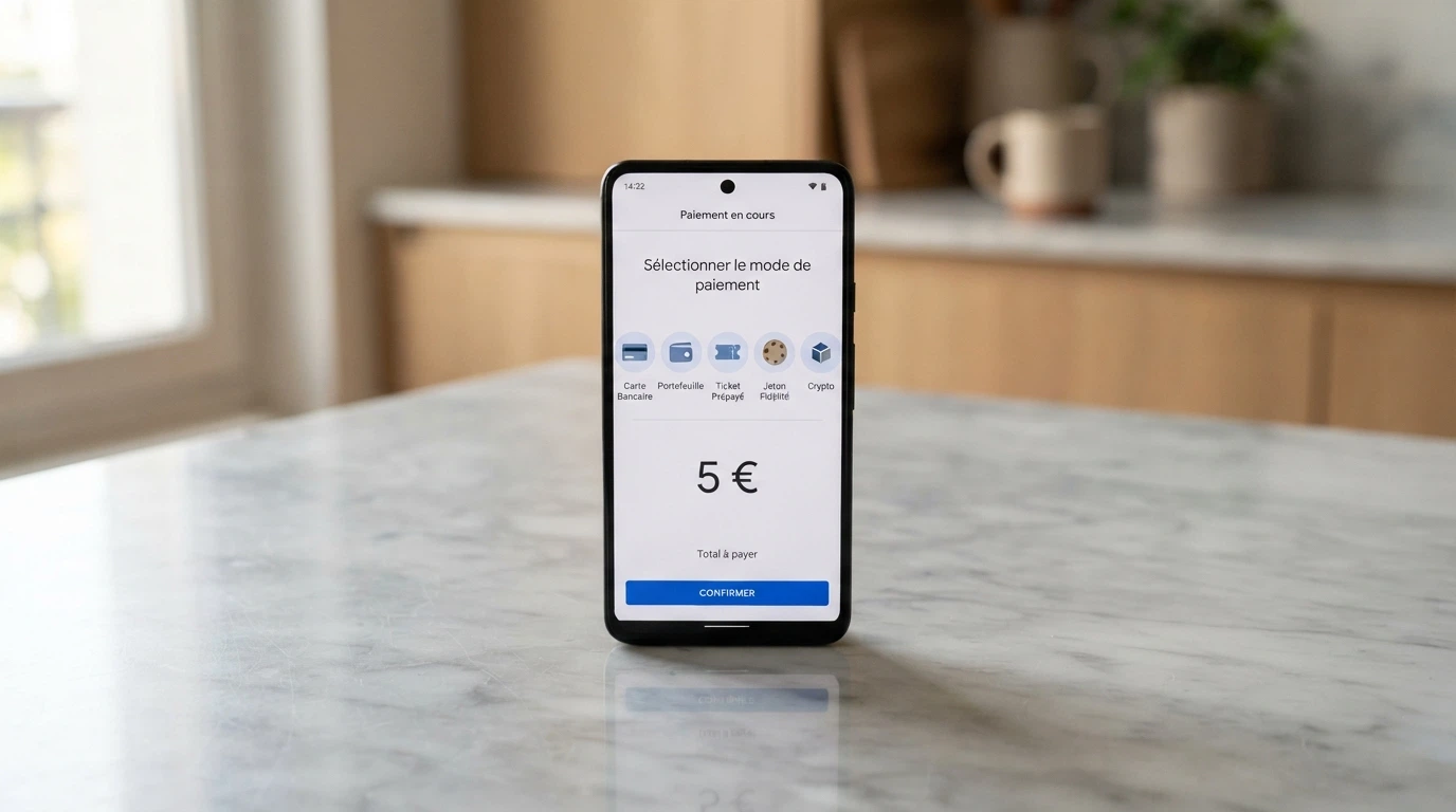 Smartphone affichant des logos de méthodes de paiement — Visa, Mastercard, PayPal, Paysafecard, Bitcoin — au-dessus d'un montant de 5 €
