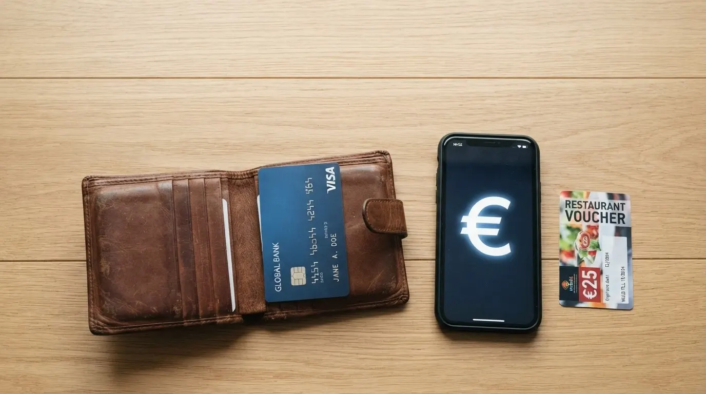 Un portefeuille ouvert montrant plusieurs moyens de paiement (carte bancaire, smartphone, portefeuille électronique) à côté d'une pièce de monnaie