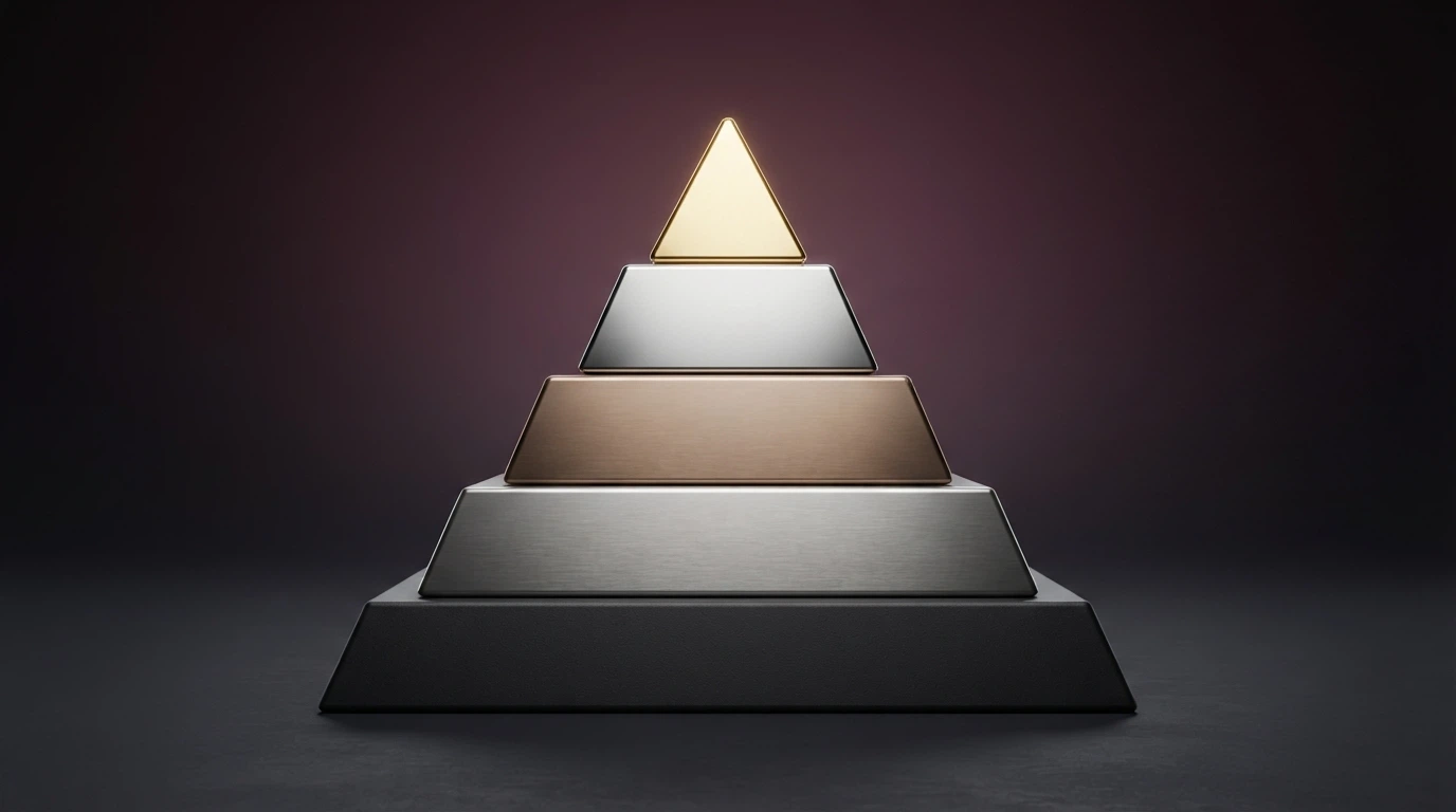 Une pyramide à plusieurs étages symbolisant la progression d'un programme de fidélité, du niveau de base au sommet