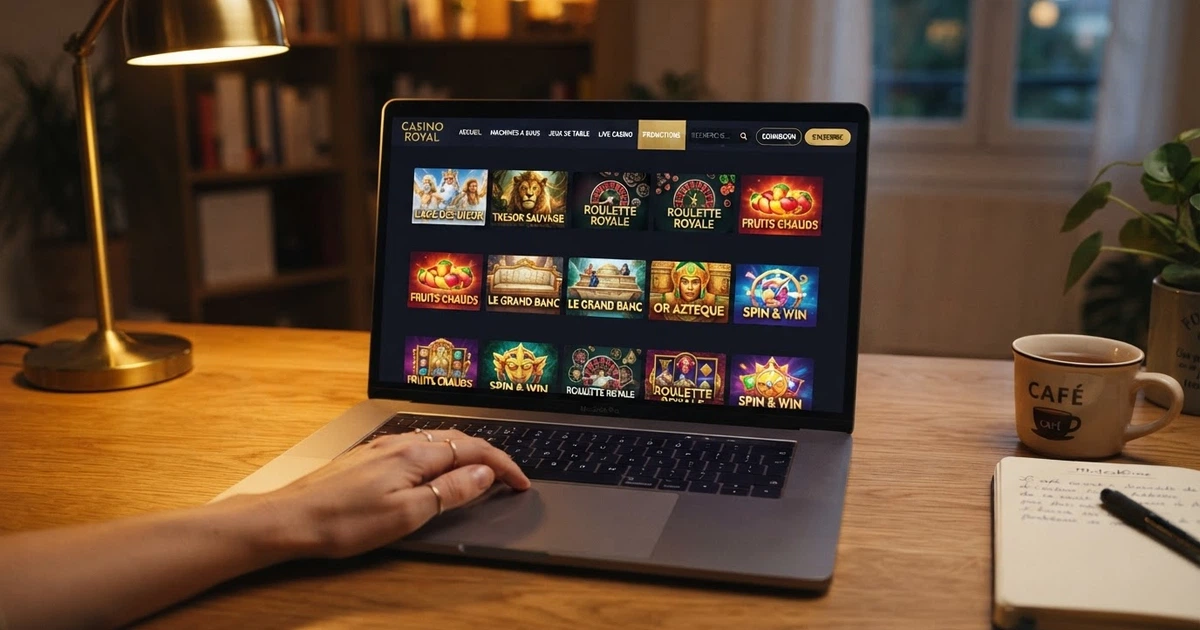 Interface d’un casino en ligne affichant une bibliothèque de jeux de machines à sous et une barre de navigation en français