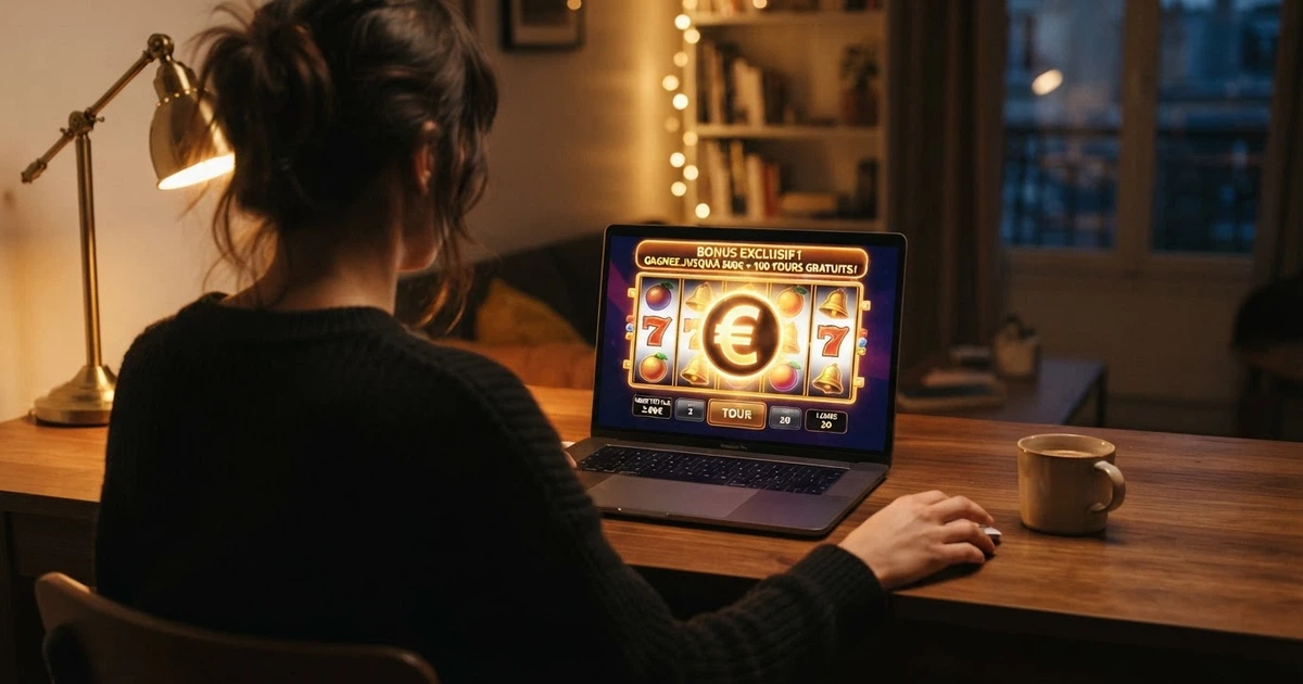 Une interface de casino en ligne affichant une offre de bonus sans dépôt, avec des machines à sous en arrière-plan
