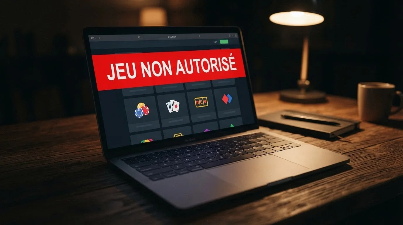 Une interface de casino en ligne affichée sur un écran, avec un bandeau d'avertissement symbolisant l'absence d'agrément ANJ