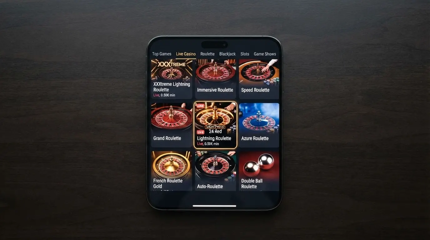 Interface de casino en ligne affichant le lobby de jeux live avec Lightning Roulette d'Evolution en vedette
