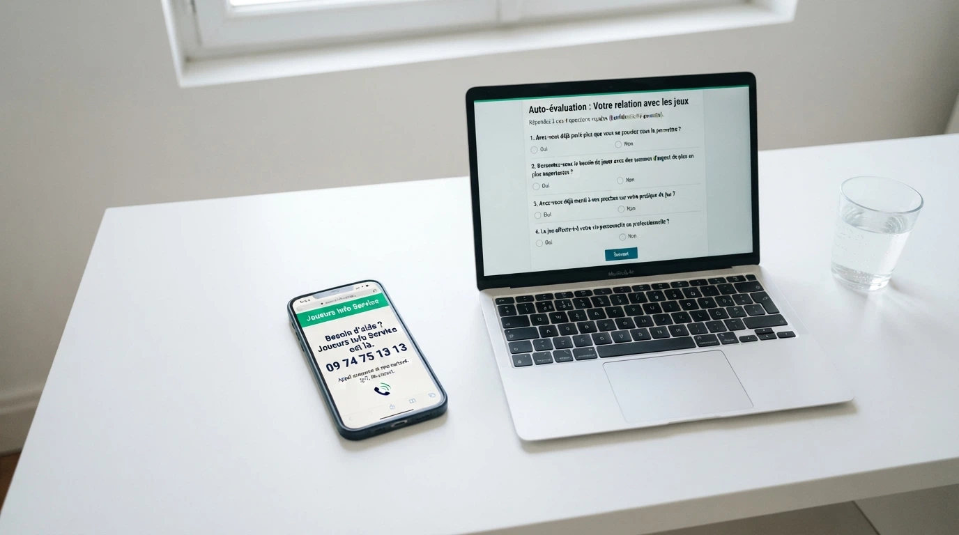 Un téléphone portable affichant la page d'accueil de Joueurs Info Service avec le numéro vert 09 74 75 13 13 visible, posé à côté d'un ordinateur ouvert sur l'interface d'Evalujeu.fr