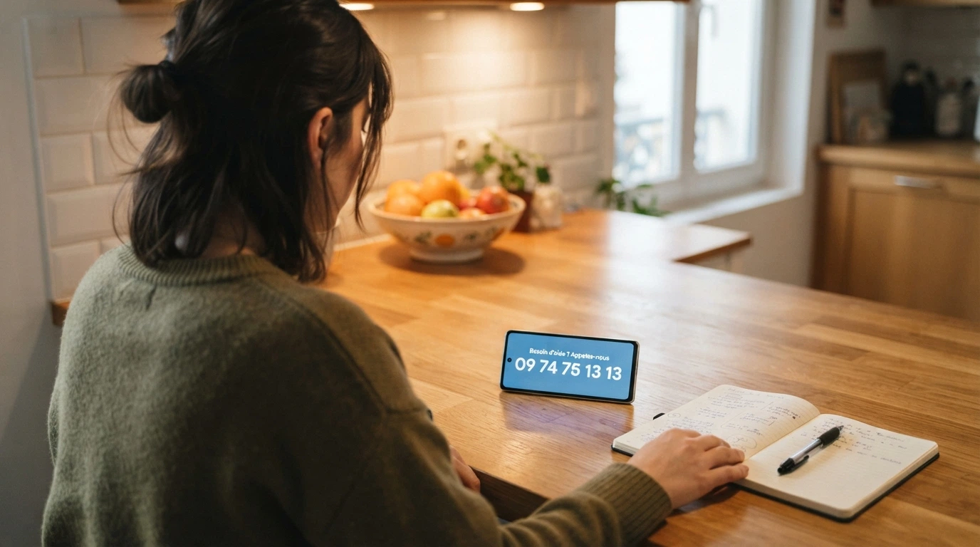 Un téléphone affichant le numéro 09 74 75 13 13 sur fond du logo Joueurs Info Service, à côté d'un écran ouvert sur Evalujeu.fr.
