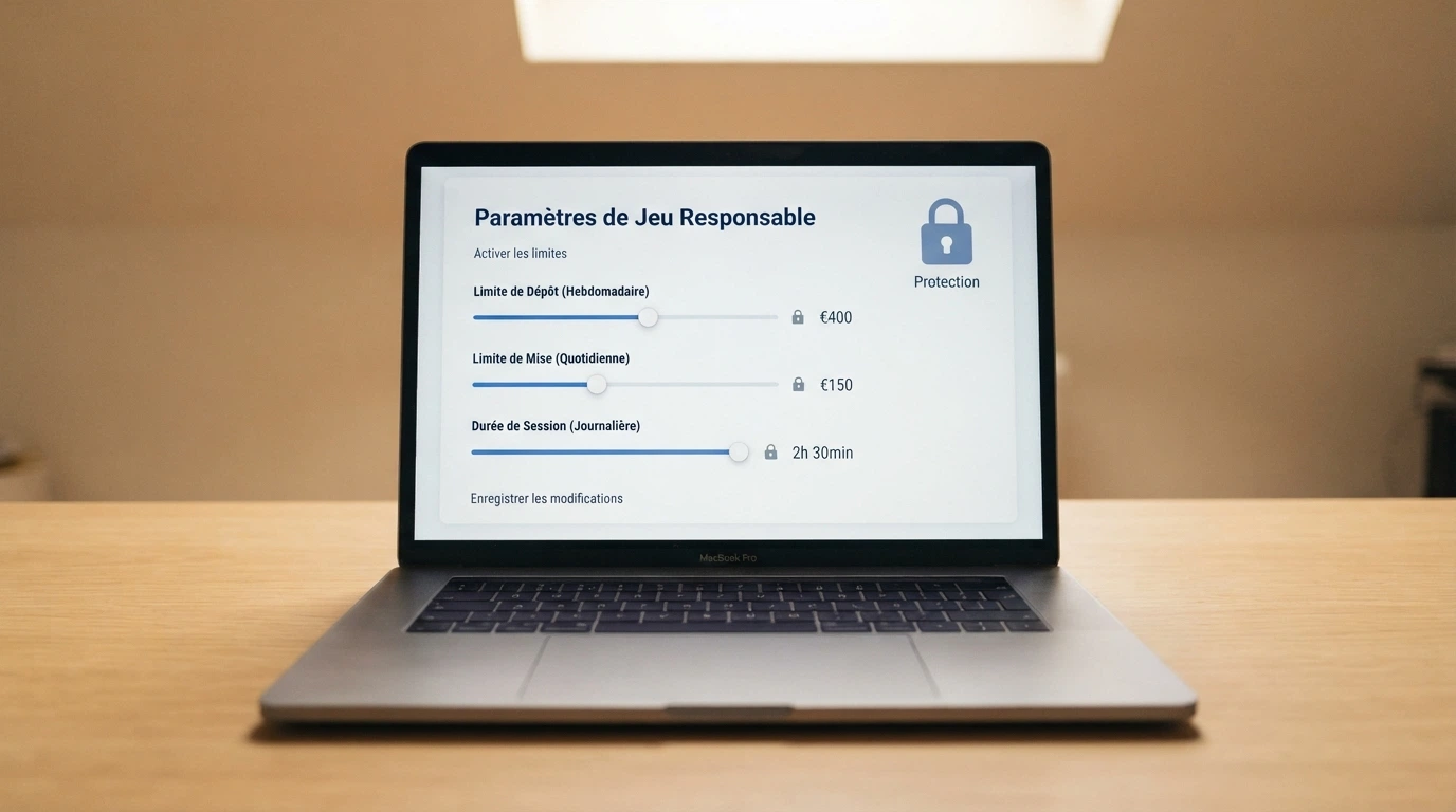 Un écran de paramètres de compte affichant les curseurs de limites de dépôt, de mise et de temps de connexion, avec une icône de cadenas en surimpression