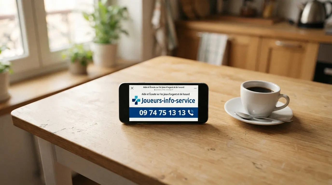 L'écran d'accueil du site Joueurs-info-service.fr affiché sur un smartphone posé sur une table, une tasse de café à côté, le numéro 09 74 75 13 13 bien visible