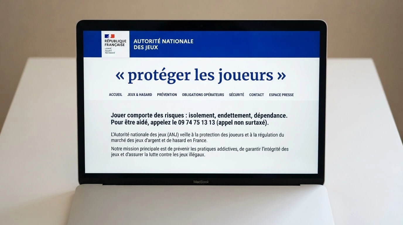 La page d'accueil du site anj.fr avec le logo de l'Autorité Nationale des Jeux et la mention « protéger les joueurs » visible à l'écran