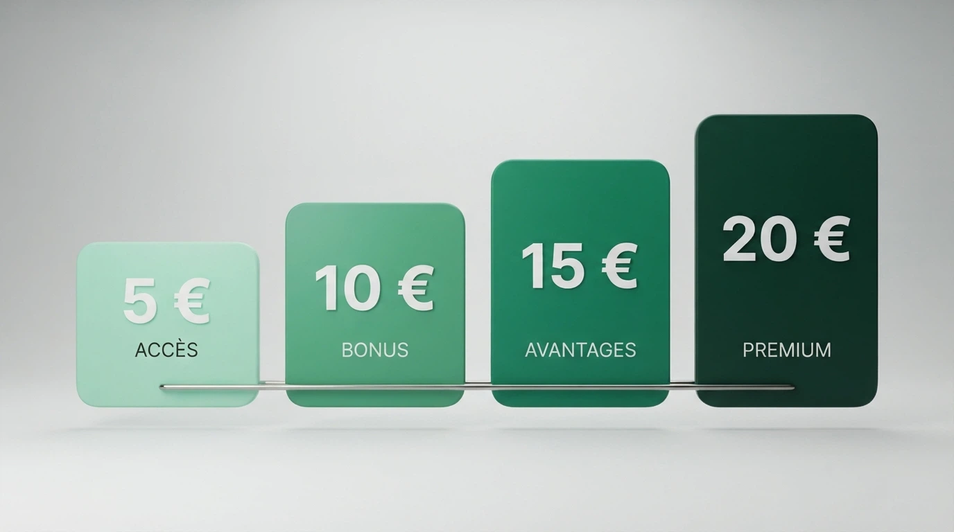 Quatre montants empilés — 5, 10, 15 et 20 euros — chacun relié à ce qu'il ouvre comme accès et bonus chez les opérateurs du classement