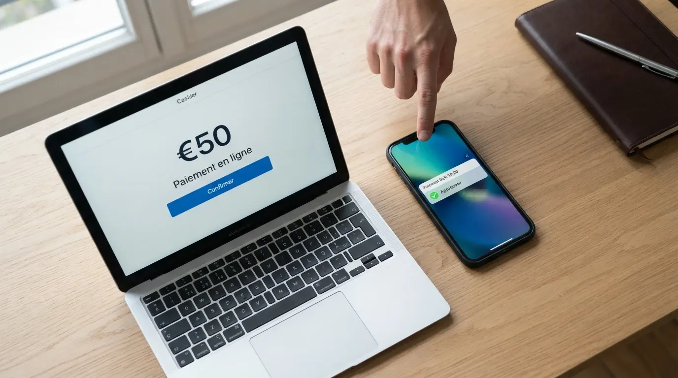 Illustration du parcours d'un dépôt MuchBetter : sélection dans la caisse du casino, notification push sur le téléphone, confirmation et crédit immédiat du solde de jeu