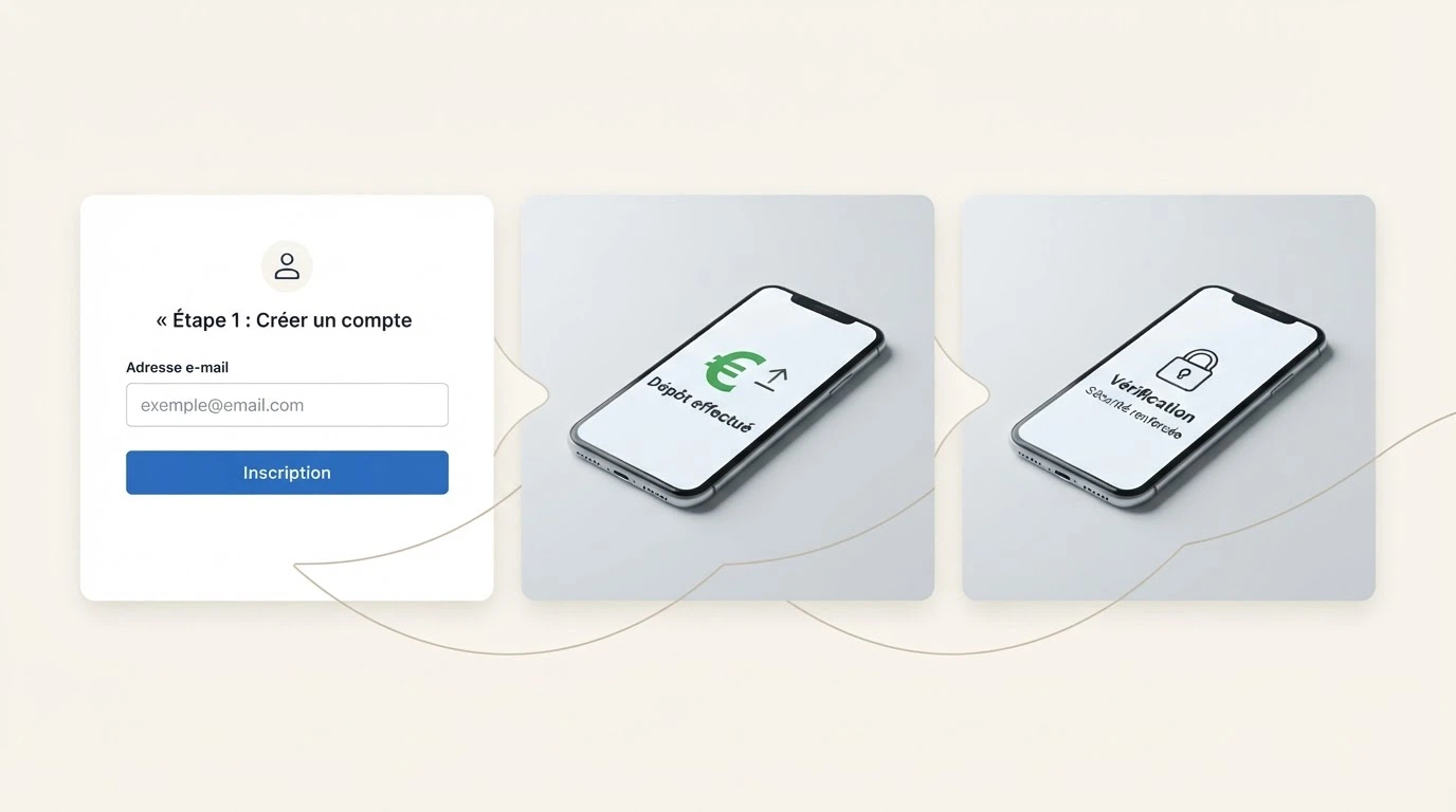 Un schéma en trois étapes montrant le parcours d'un joueur : formulaire d'inscription simplifié, dépôt en crypto-monnaie, puis écran de demande de retrait