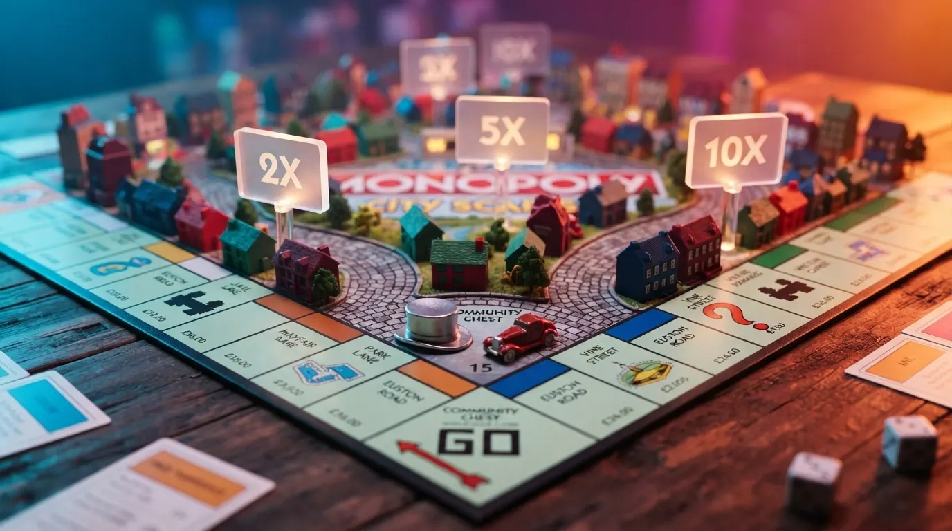 Capture du jeu bonus 3D Monopoly Live montrant Mr. Monopoly en déplacement sur le plateau avec les propriétés, les maisons et les multiplicateurs