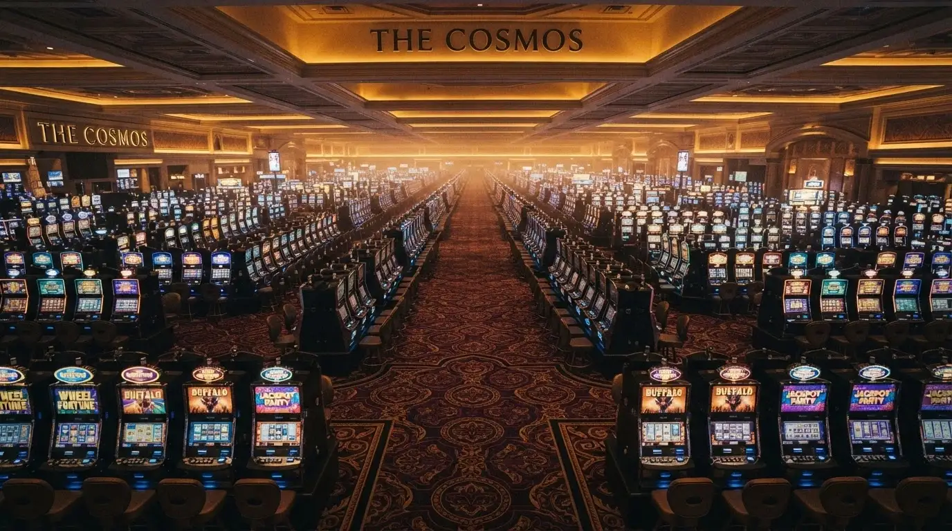 Une salle de machines à sous à perte de vue dans un méga-casino américain, avec des rangées de machines lumineuses s'étendant jusqu'à l'horizon