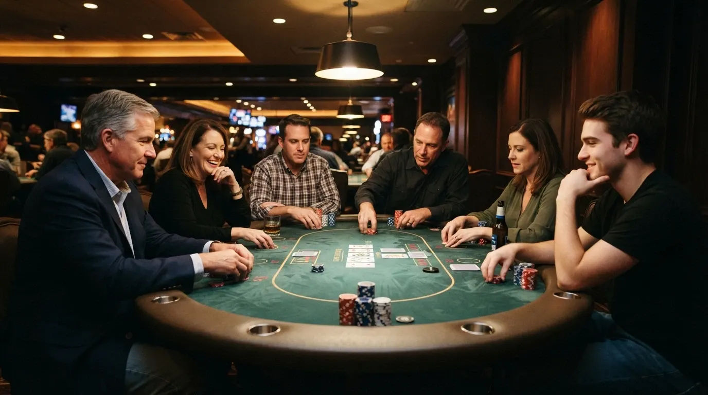 Une table de poker dans une salle de casino, des joueurs autour du tapis